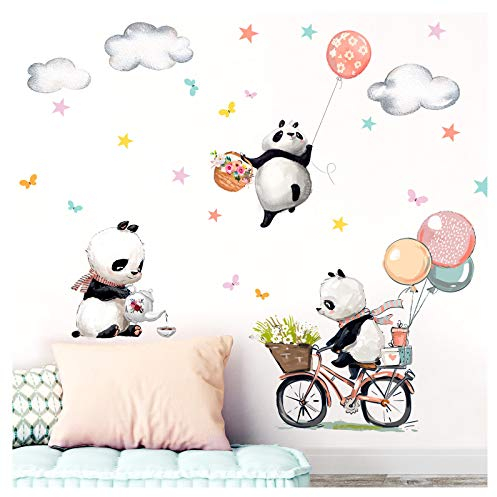 Little Deco Aufkleber DREI Panda mit Luftballons I Wandbild 102 x 77 cm (BxH) I Fahrrad Blumen Wandbilder Wandtattoo Tiere Deko Babyzimmer Kinder Sticker DL470