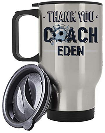 Personalised Football Lover Thank You Coach Any Name Outdoor Game Lover Enthusiast Humorous Present Gift idea 14 oz Travel Mug Coffee Mug. (Silver)