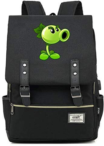 WANHONGYUE Plants vs. Zombies Game Anime College Student Schoolbag 15.6-inch Laptop Backpack Vintage Rucksack with USB Charging Port Black / 1