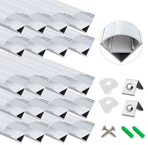 LightingWill 20-Pack LED Aluminum Profile, 3.3ft/1Meter LED Strip Channel Silver V-Shape LED Diffuser with Milky White Cover, End Caps and Mounting Clips for LED Strip Light