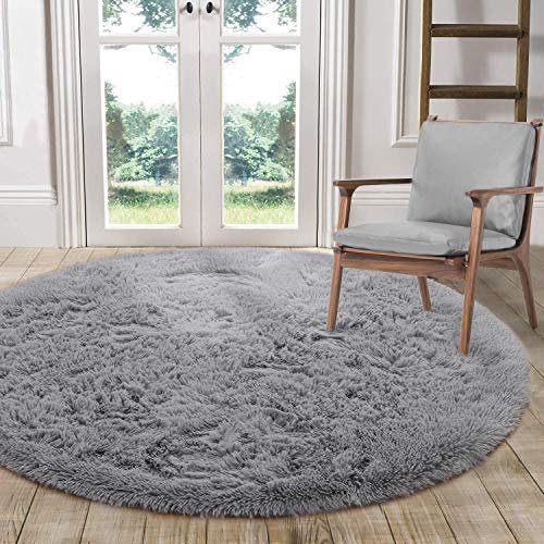 Tinyboy-hbq Teppich Wohnzimmer Schlafzimmer Rund Modern Design Shocky Lange Borsten Runde Innen rutschfest Dekor Ultra Weich Plüsch Haus Kinderzimmer Teppiche,Grau,140x140cm