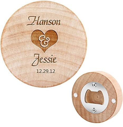 Personalised Bottle Opener Wedding Favours, DIY Wooden Round Shape Bottle Opener Coaster Fridge Magnet Decoration Beer Bottle Opener, Personalised Gift for Couples