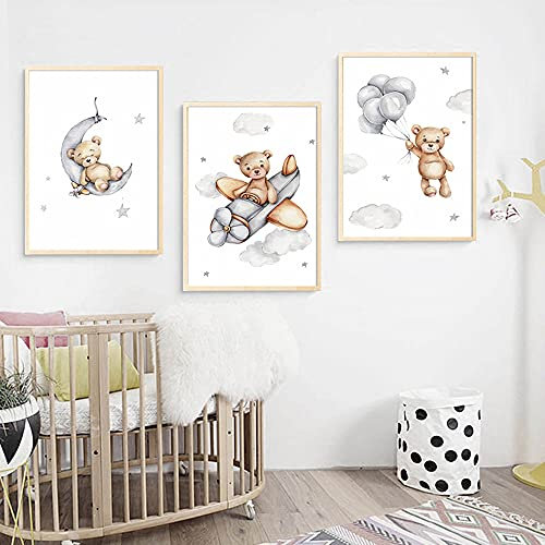 3 Bilder Bär Kinderzimmer a3 Poster Mond Sterne Wolke Ballon Flugzeug Wandbilder Babyzimmer Junge Leinwand Wanddeko Geschenk ohne Rahmen