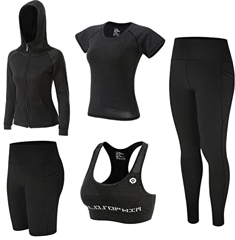 ZETIY 5 Stück Damen Fitness Trainingsanzug Yoga Set, Sportbekleidung Pilates Sportbekleidung Tennisbekleidung Laufbekleidung für Gym Fitness Jogging - Schwarz - S