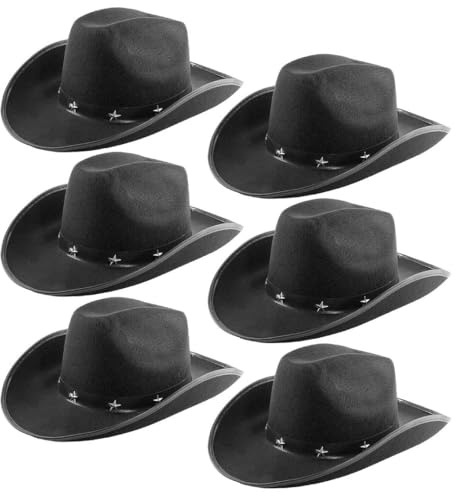 Cowboyhut für Erwachsene, mit Sternen, 6 Stück, schwarzer Filz-Cowboyhut mit Sternnieten, Wilder Westen, Kostümzubehör