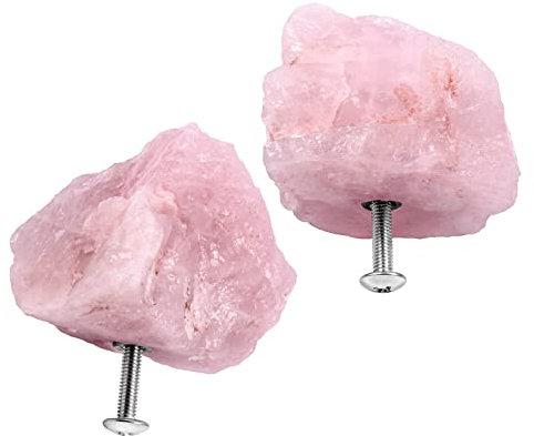 KYEYGWO 2 Stück Unregelmäßigen Stein Möbelknöpfe mit Schraube, Heilung Kristall Schubladenknöpfe Heilstein Schrankknöpfe Rohstein Kommodenknöpfe Wasserstein Ziehgriff Haus Decor Türknöpfe, Rosenquarz