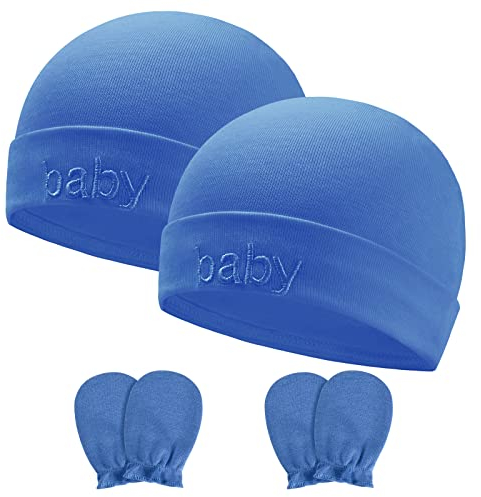 Aolso Neugeborenes Baby Mütze,4 Stück Baby Hut und Handschuhe Set, Baumwolle Baby Mütze, Baby Mütze Jungen Mädchen,Warme Babymütze für Neugeborenes-Blau