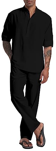 SIENDIU Herren Leinen Sets Henley Shirts 2 Stück Urlaub Outfits Strand Kleidung Casual Anzug Langarm Shirt Yoga Hosen Sommer, Schwarz, Large