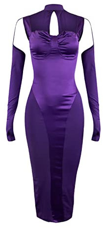 Générique Donne Estate Vestito Estate Giarrettiera Indietro plissettato Raso Patchwork Dito Manica Elegante Anca Gonna Sexy Abito da sera, viola., S