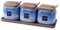 MAGICVOGEL Lot de 3 boîtes à épices en céramique avec couvercle et cuillère, sucrier, sel, épices avec plateau en bois pour la maison et la cuisine (bleu)