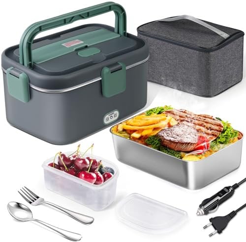 AUTOPkio Elektrische Lunchbox 1,8L 80W, 12V/24V/220V Großer Beheizbare Speisenwärmer mit Tasche Edelstahl Gabel & Löffel für Auto LKW Büro