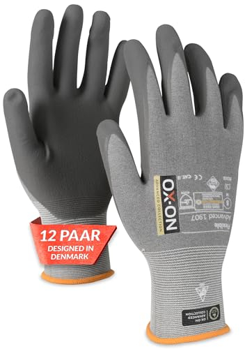 OX-ON FLEXIBLE ADVANCED 1907 Arbeitshandschuhe Gr.11 I 12 Paar Montagehandschuhe mit ESD-Zertifizierung & Nitrilschaumbeschichtung I Flexibel & mit Touch-Funktion I EN Zertifizierung I Grau