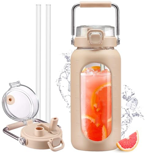 HYDRAGLAZIC 2L Verre Gourde avec paille et marqueur de temps Motivationnel Bouteille avec manchon en silicone Large bouche Borosilicate Cruche d'eau Sans BPA Anti-fuite, Ambre