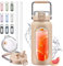 HYDRAGLAZIC 2L Verre Gourde avec paille et marqueur de temps Motivationnel Bouteille avec manchon en silicone Large bouche Borosilicate Cruche d'eau Sans BPA Anti-fuite, Ambre