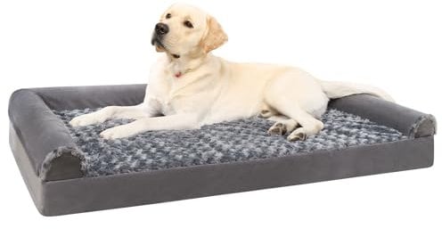 KSIIA Extra Large Dog Bed, XXL Orthopedic Dog Sofa Bed with Removable Washable Cover, Waterproof, U-Shape Bolster, Grey 121x76x18cm