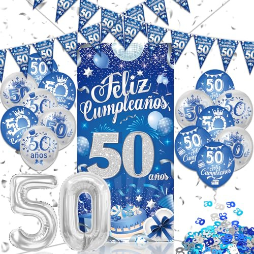 DPKOW Spanisch Blau Silber 50. Geburtstag Dekorationen für Männer, Happy 50th Birthday Triangle Banner Happy Birthday 50th Birthday Banner 50 Jahre Ballons Konfetti für Männer 50. Geburtstag Artikel