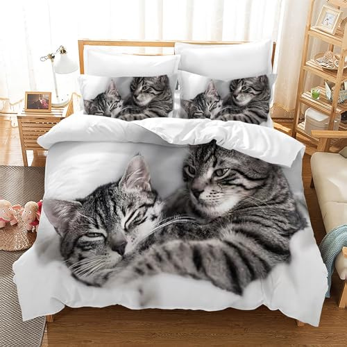 Gegeryozer Nette Katze Bettwäsche Set 135×200 cm,3D Katzenmotiv Kinder Bettbezug Set,1 Mikrofaser Kinder Bettbezug und 2 Kissenbezüge 50×70 cm(Katzen 3)