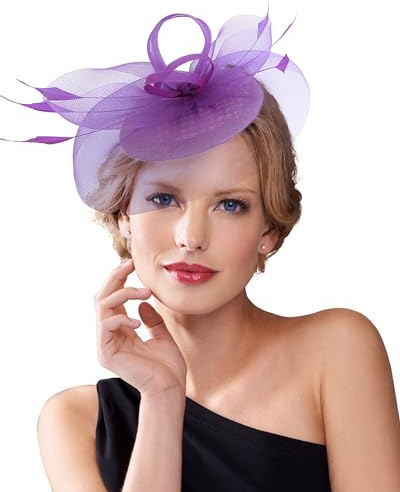Dodheah Fascinators Hut Hochzeitshut Kopfbedeckung Vintage Schleier Hut Derbyhut für Frauen Pillbox Hüte Stirnband Damen Haarspangen für Hochzeit Ascot Karneval Tee Party 0815-Violett
