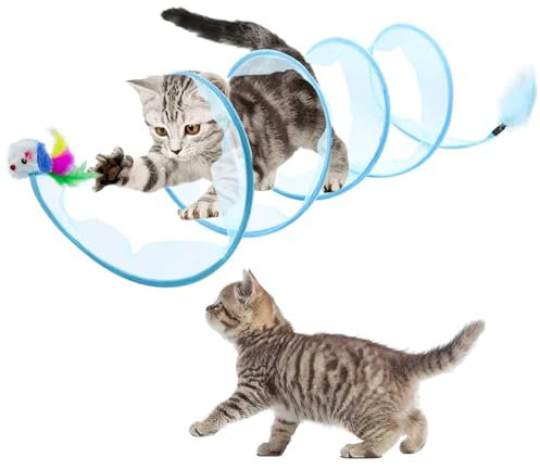 Moguri 1 Stück gefaltetes Katzentunnelspielzeug, Katzentunnel, Mäuseröhre, Katzenfedern für den Innenbereich mit Feder, Mausspielzeug zusammenklappbares Zelt vom Typ S, Blau