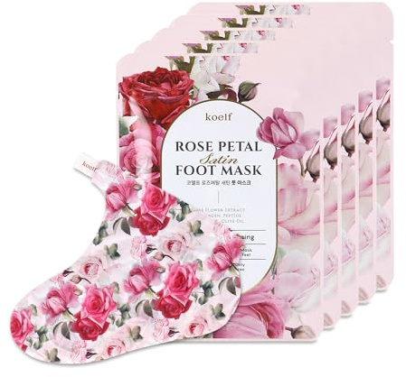 koelf Rose Petal Satin Foot Mask (5 Pairs) - Korean Skin Care, Nourishing & Moisturizing Socks, Rose Scented Foot Masks with Peptides, Collagen, Shea Butter & Urea for Soft, Smooth Feet