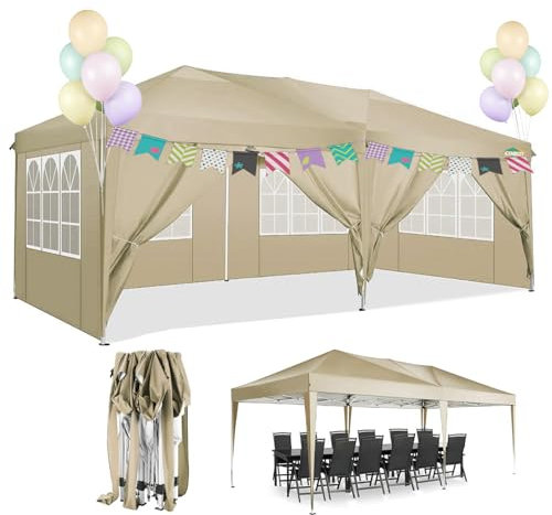 COBIZI Gazebo 3x6 m Pieghevole Impermeabile con 6 Pareti Gazebo Richiudibile Gazebo da Giardino Protezione UV Tendone per Feste, Esterno (Cachi)