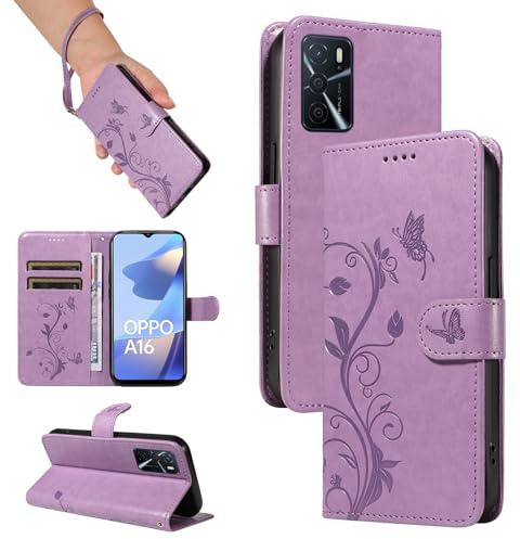 SRISHP Hülle für Oppo A16 / A16S / A54S Handyhülle, Violett | Premium PU Leder, Handyhülle Mit Band, Magnet Flip Case, Kartenfächer, Ständer Klappbar Tasche, Standfunktion Schutzhülle