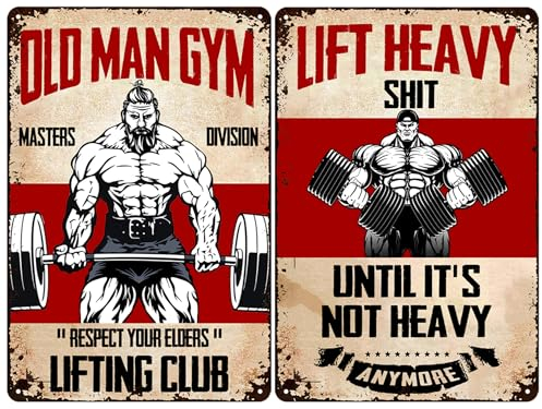 Vexflire 2 Stück Männer Gym Geschenke Gewichtheben Poster Retro Metall Blechschild Hantel Fitness Dekor für Fitnessraum 20,3 x 30,5 cm