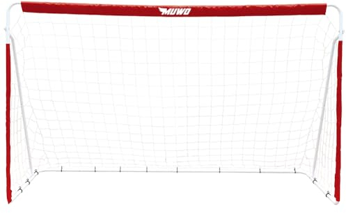 MUWO Fußballtor aus Stahl mit Textilmantel 240 x 150 cm, wetterfest und Outdoor geeignet, für Hof und Garten, zum Trainieren und für Freundschaftsspiele (Rot/Weiß)