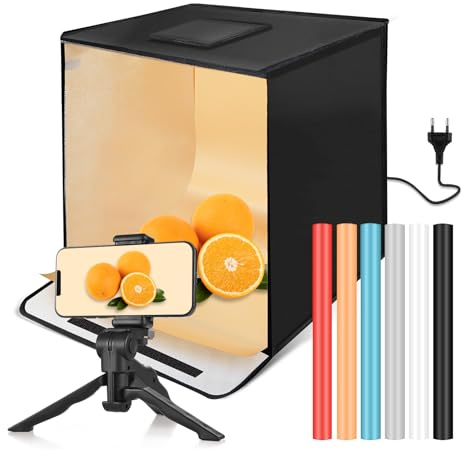 Andoer Fotobox 60 x 60 x 60cm Faltbare Fotostudio, 3200K–5500K Dimmbare Lichtbox Lichtzelt Set mit 6 farbigen Hintergründen, LED-Lichttafeln, weiches Stoffstativ und Telefonclip für Produktfotografie