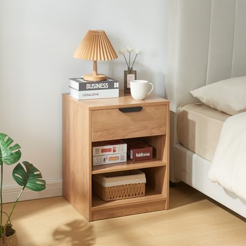 [en.casa] Nachttisch Varkaus Beistelltisch mit Schublade und 2 offenen Ablagefächern Nachtkommode Nachtschrank 55 x 43 x 40 cm Holz in Eichenoptik