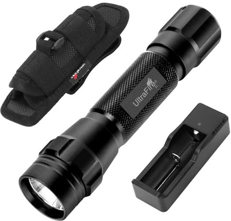 ULTRAFIRE Linterna LED con funda, linterna táctica de modo único de 1000 lúmenes con batería y cargador, linterna pequeña súper brillante con bolsa de antorcha de cinturón de trabajo, T1