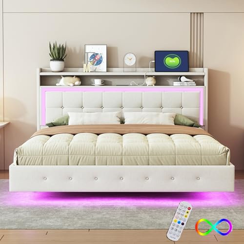 Zepneiy Lit capitonné 160x200cm, avec Prise USB et éclairage LED, Rangement Chevet, Pieds cachés, Tissu Lin, Beige (Matelas Non Inclus)
