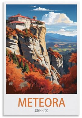 CNAHEIZ Meteora Vintage-Reiseposter, Motiv: Griechenland, Berg, 60 x 90 cm, Leinwand-Kunstdruck, Gemälde für Wanddekoration, Wohnzimmer, Schlafzimmer