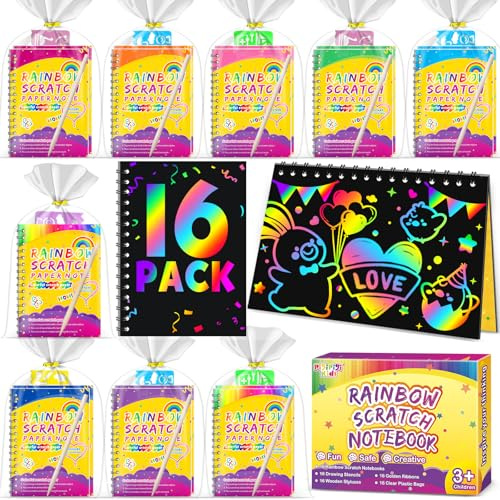 Pigipigi Kids Kratzbilder für Kinder - Basteln für Kindergeburtstag, Kratzbuch mit Regenbogen-Kratzpapier Set zum Zeichnen und Basteln für Geburtstagspartys, Jungen und Mädchen 16 Bücher