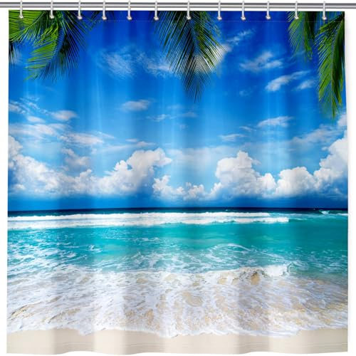 ANHOPE Tropisch Ozean Strand Palme Duschvorhänge Wasserdicht Anti-schimmel Shower Curtains Polyester Stoff Duschvorhang 180 x 200 cm Waschbar Bad Vorhäng für Badzimmer mit 12 Haken