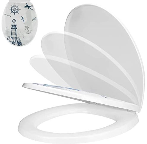 WOTZOV Toilettensitz, oval, mit Absenkautomatik, Top-Fixierung, weißer Toilettensitz aus Kunststoff für Familienbadezimmer, exquisites Muster，Leuchtturm Einheitsgröße