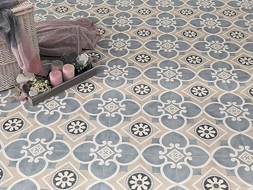 PVC Bodenbelag Vinylboden in nostalgischer Retro Fliesenoptik mit Ornamentmuster, Zuschnitt (3m breit / 6m lang)