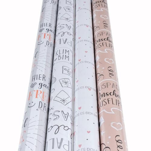 4 Rollen Geschenkpapier Set 70x200cm Geburtstag Weiß Braun Freunde Liebe Happy Verpackung Geschenk-Papier