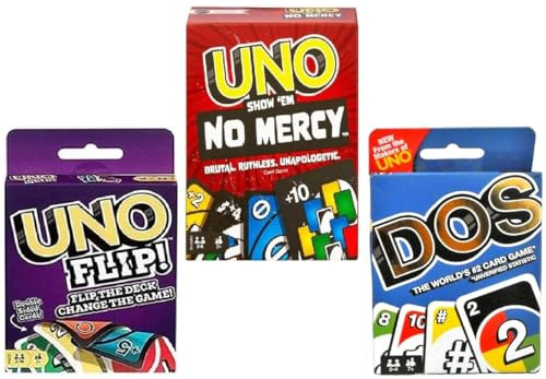 Mattel UNO No Mercy, Flip and DOS Kartenspiel, Combo 3er Pack