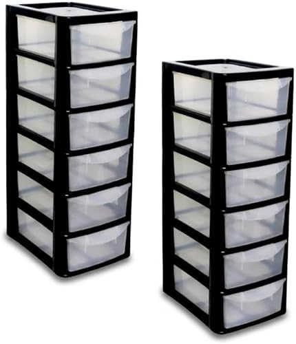 Khanary 2 Pack Plastic Storage Drawers Unit 6 Tier Small mini Tower Homes, Kitchen, Schools, Offices Plastic Drawer Organizer Desktop Table Top Drawers Stationary 26Dx19Wx60H Black Clear