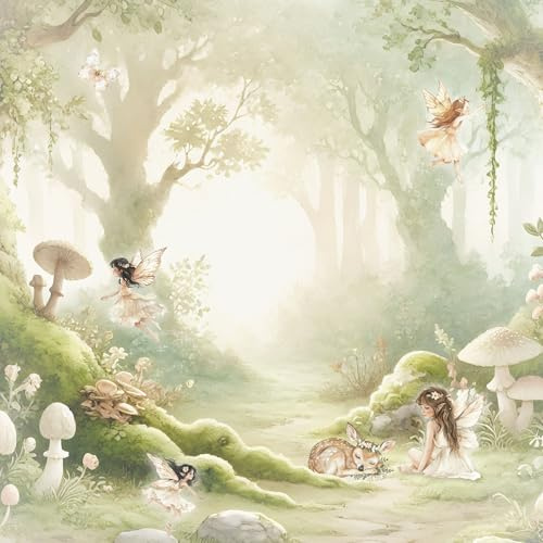 UNIK Nordic Kindertapete Feenwald 350 x 250 cm – Magische Waldtapete für Kinderzimmer – Feen, Bäume & Tiere – Abwaschbar und pflegeleicht – Dekoration für Kinderzimmer
