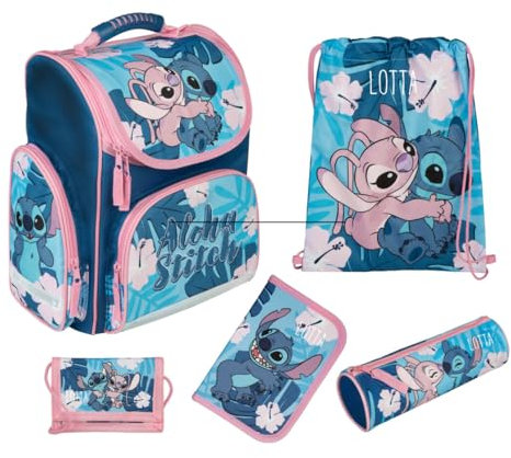 Undercover Schultasche Disney Lilo & Stitch Set 5-TLG., Personalisierter Inhalt Turnbeutel Geldbeutel Federmappe mit Name, Schulranzen 1. Klasse Grundschule Mädchen