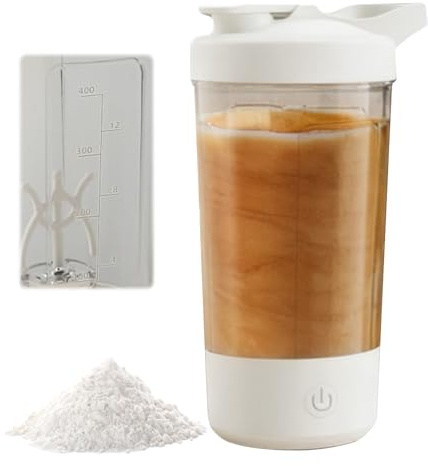 GOEDCH Shaker électrique de 450 ml : shaker électrique blanc à protéines, rechargeable par USB C, pour shake protéiné et milk-shae, bouteille de shake