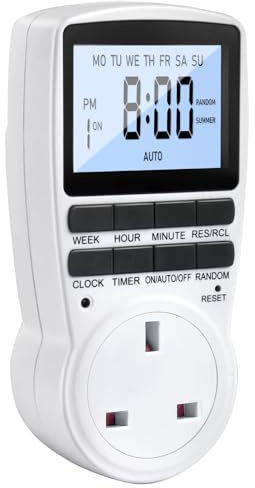 Digital Timer Plug Socket UK, 24h-Week Socket Light Switch With 16 On-Off Programme LCD Display, Electric Timer Switch Repeat Cycle Programmable Plug Timing With Random Mode for Indoor Home Appliances