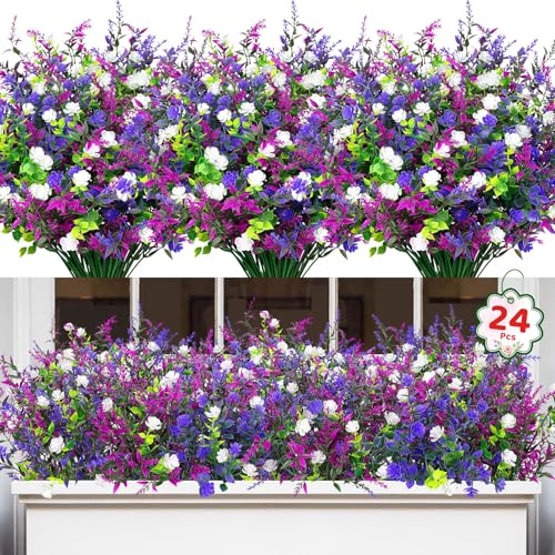 24 Bündel Künstliche Blumen wie echt, Kunstblumen Frühling Künstlicher Blumenstrauß 4 Farben Balkonpflanzen Langlebig und UV-beständig, Kunstblumen für Balkon Garten Balkonkasten Outdoor und Indoor