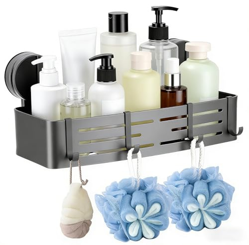 Zaxiva Mensola da Doccia con Ventosa Senza Forare, Portaoggetti Doccia con Ventosa in Alluminio con 4 Ganci, Portata 10kg, Antiruggine, Porta Oggetti da Bagno per Shampoo Sapone Bagnoschiuma