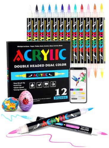 AEDAGA 12 Acrylstifte mit App, 24 Farben Doppelspitze Acrylic Marker Set | Automatische Tintensteuerung | Vielseitig einsetzbar | Farbcode | Starke Deckkraft | Acrylmarker für Leinwand, Glas, Keramik