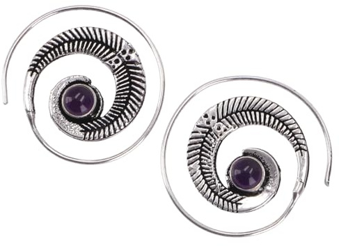 Tribalohrringe aus Messing, Ethnoohrringe, Spirale, silber/Amethyst