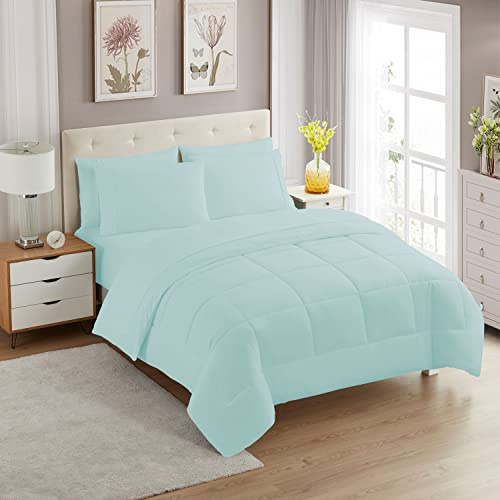 Sweet Home Collection 7-teiliges Bettdecken-Set, einfarbig, für alle Jahreszeiten, weiche Daunen-Alternative Decke und luxuriöse Mikrofaser-Bettlaken, Aqua, voll
