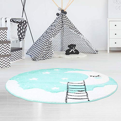 Kinderteppich Mond Sterne Mint - 160 cm Rund - Teppich Kinderzimmer für Jungen und Mädchen
